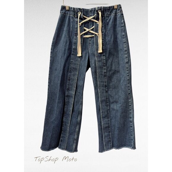 TopShop Moto Lace-Up Front Cropped Wide Leg Y2K Jeans Sz 26 - Picture 1 of 13